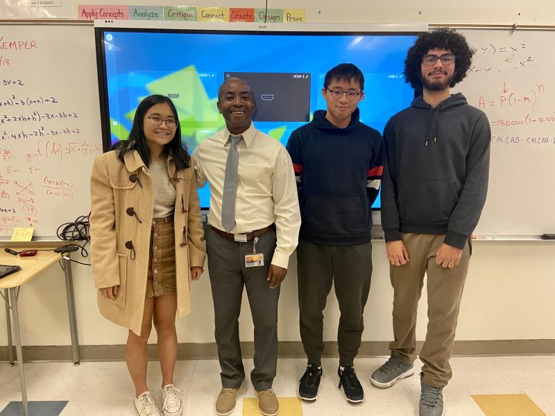 A Cape High math team earned fifth place in the Eastern Shore High School Mathematics contest at Salisbury University Nov. 16, where senior Jia Qi Xie earned second place in the individual contest. Gathered are (l-r) Madison Drake, teacher Rony Flechier, Jia Qi Xie and Ali Ahmed. ELLEN DRISCOLL PHOTO